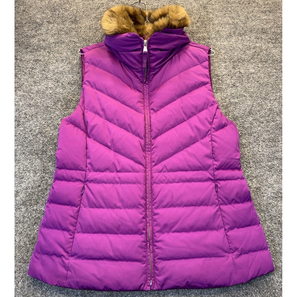 Talbots Women's Medium Purple Down Puffer Vest Faux Fur Trim Quilted Full Zip